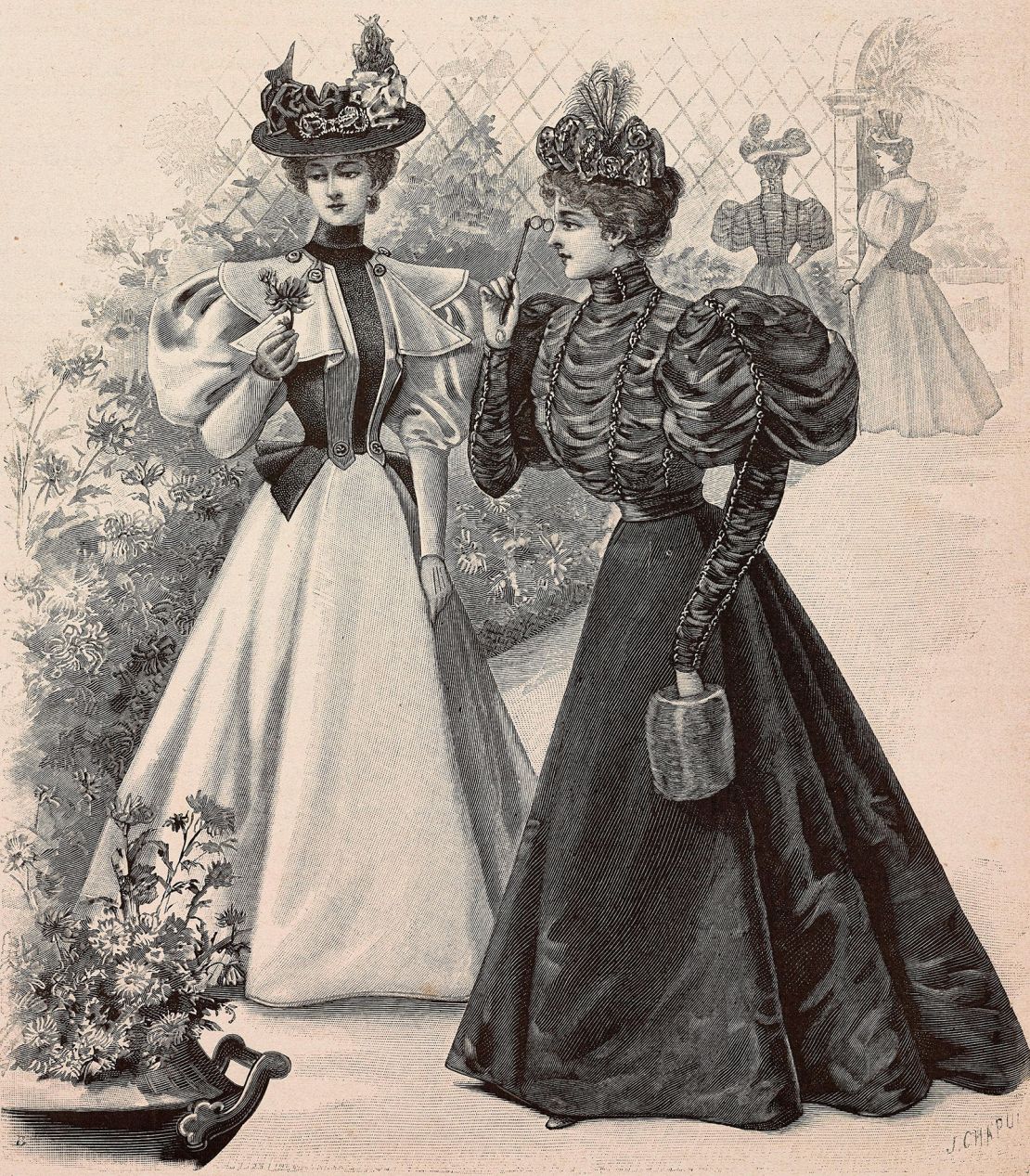 Women wearing a drap-velours dress and a half-mourning dress. The modern department store was born from the popularity of mourning styles.