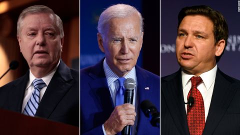 From left to right, Sen. Lindsey Graham, President Joe Biden and Gov. Ron DeSantis.