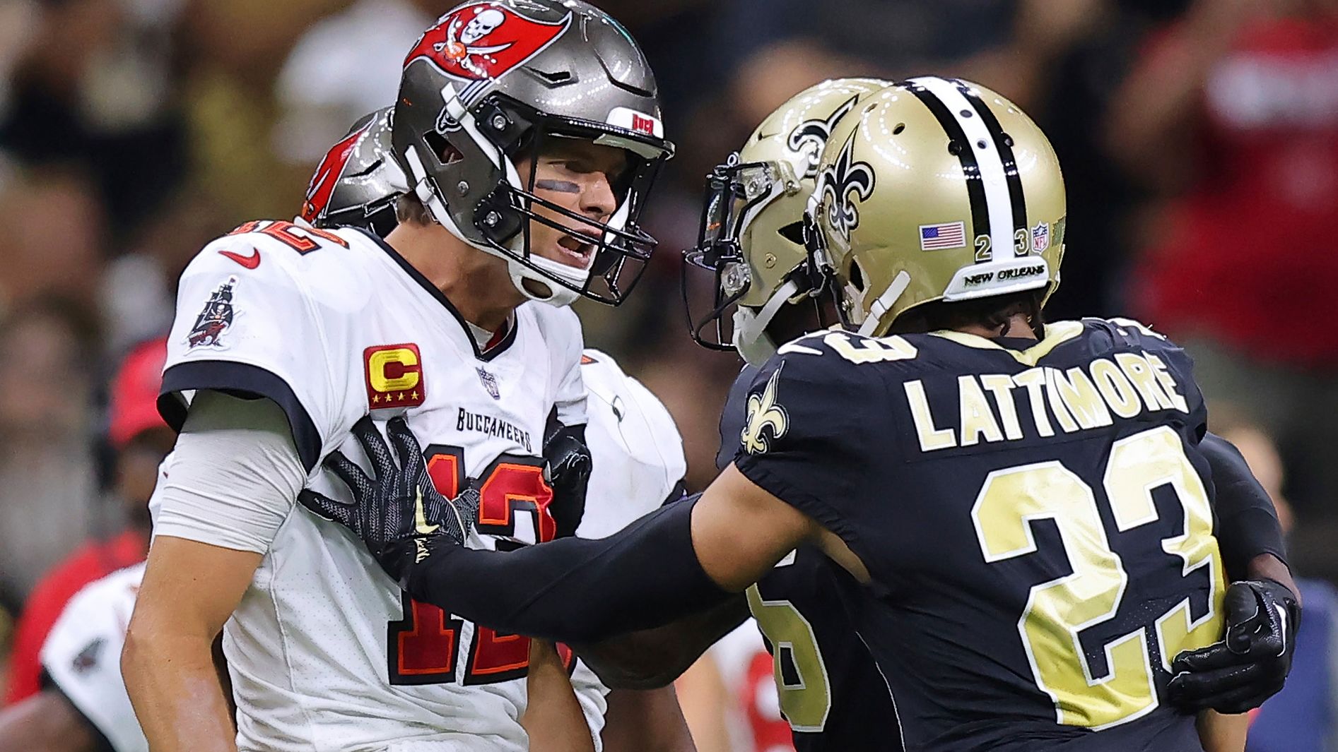 Tampa Bay Buccaneers quarterback Tom Brady and New Orleans Saints cornerback Marshon Lattimore get into an altercation during the second half of the Bucs' chippy 20-10 win over the Saints in Week 2. The win snapped Brady's personal seven-game losing streak against the Saints.