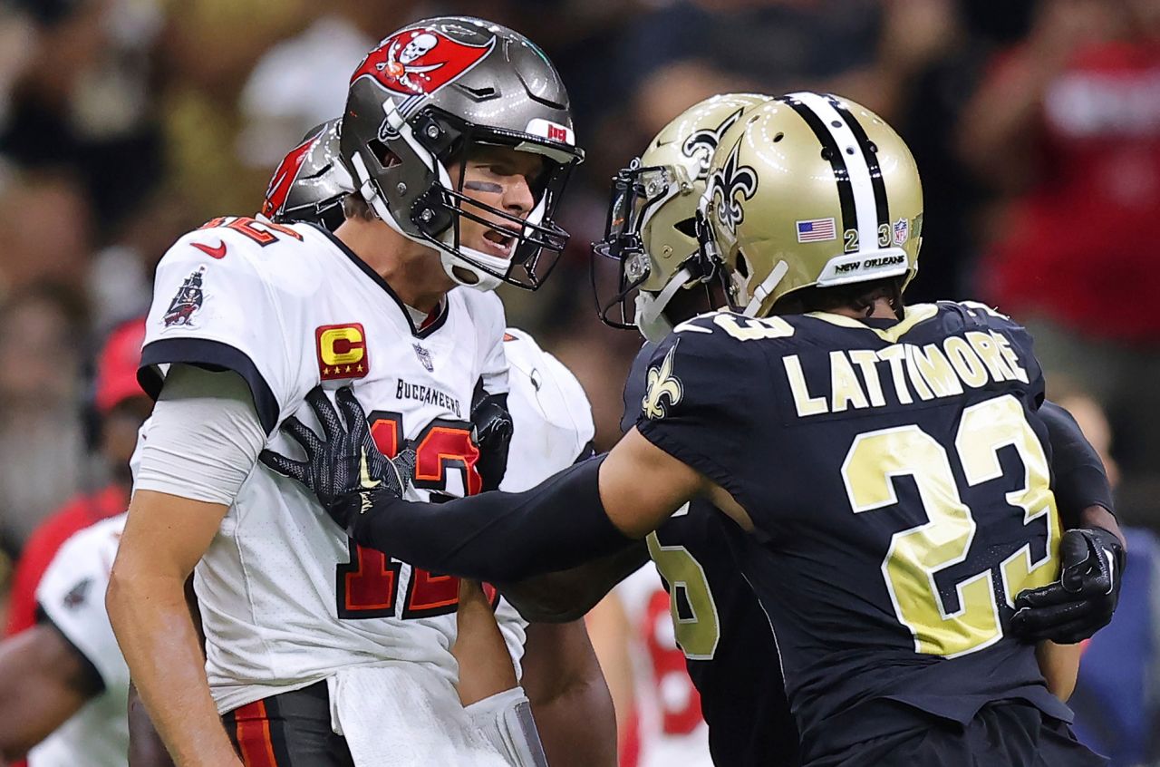 Tampa Bay Buccaneers quarterback Tom Brady and New Orleans Saints cornerback Marshon Lattimore get into an altercation during the second half of the Bucs' chippy 20-10 win over the Saints. The win snapped Brady's personal seven-game losing streak against the Saints.