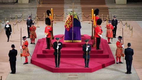 The coffin of Queen Elizabeth II lies in state at Westminster Hall in London on Monday, September 19.