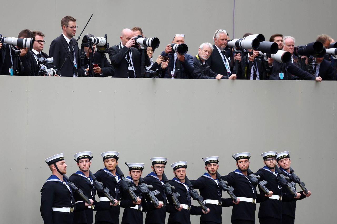 Members of the Royal Navy stand outside Westminster Abbey.
