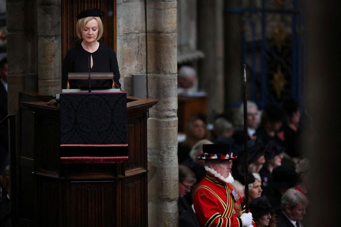 Liz Truss speaks at the state funeral of Queen Elizabeth II at Westminster Abbey in London.