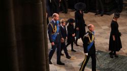 Britain's Prince William, Prince of Wales, Britain's Prince George of Wales, Britain's Princess Charlotte of Wales and Britain's Catherine, Princess of Wales walk behind Britain's Prince Edward, Earl of Wessex and Britain's Sophie, Countess of Wessex as they arrives to take their seats inside Westminster Abbey in London on September 19, 2022, for the State Funeral Service for Britain's Queen Elizabeth II. - Leaders from around the world will attend the state funeral of Queen Elizabeth II. The country's longest-serving monarch, who died aged 96 after 70 years on the throne, will be honoured with a state funeral on Monday morning at Westminster Abbey. (Photo by PHIL NOBLE / POOL / AFP) (Photo by PHIL NOBLE/POOL/AFP via Getty Images)