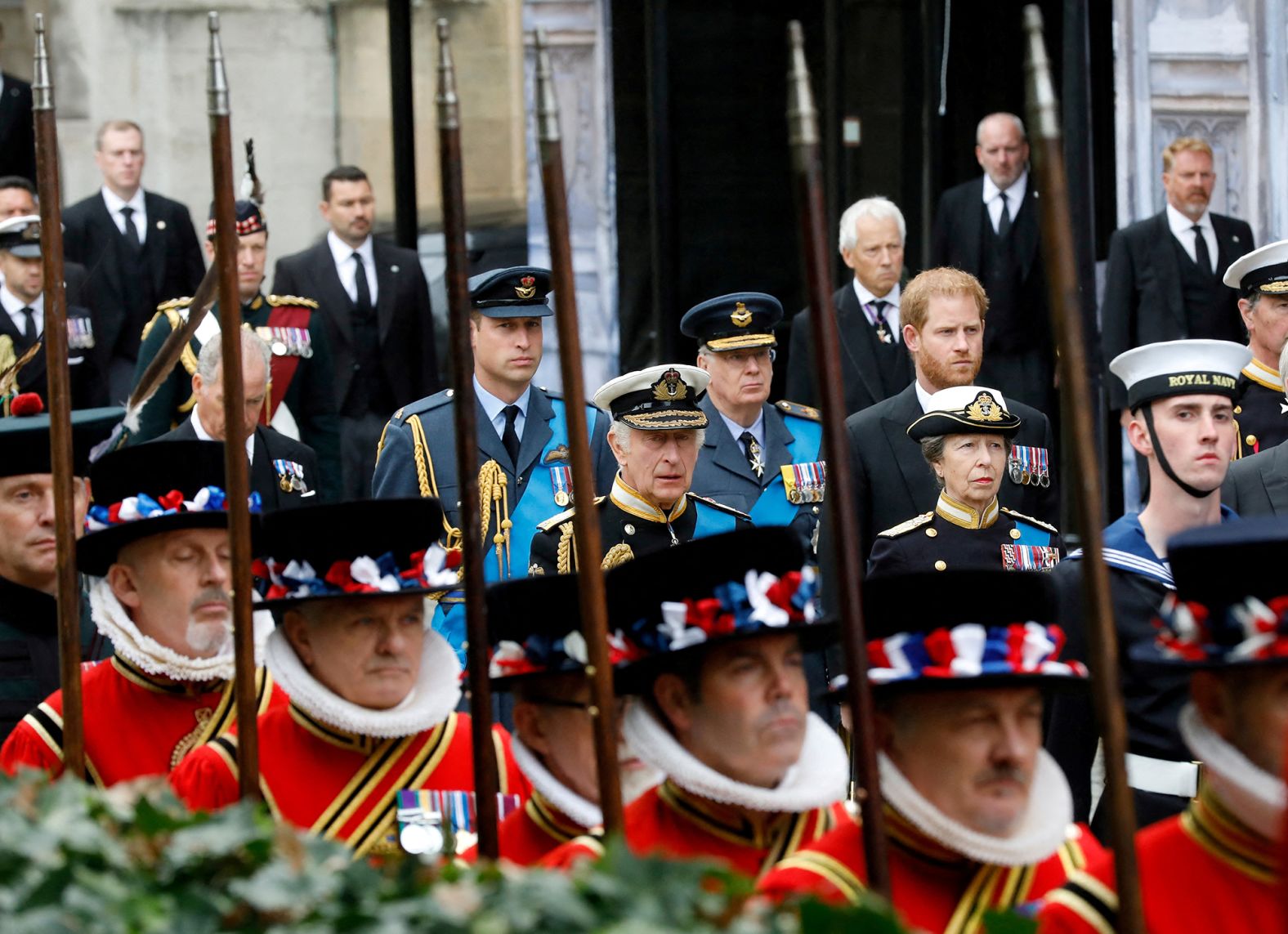 King Charles III, center, and other members of the royal family take part in the funeral procession to Westminster Abbey.