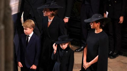 Catherine, Princess of Wales, Meghan, Duchess of Sussex, Prince George and Princess Charlotte arrive at  Westminster Abbey for the state funeral of Queen Elizabeth II on Monday, September 19, 2022.  