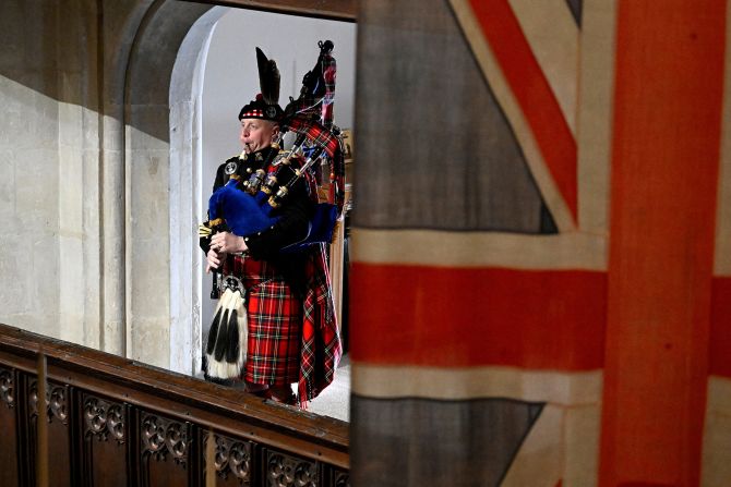 The Queen's Piper, Pipe Major Paul Burns, plays the traditional piece "Sleep, Dearie, Sleep" at the end of her funeral. For most of her reign, <a href="index.php?page=&url=https%3A%2F%2Fwww.cnn.com%2F2022%2F09%2F19%2Fuk%2Fqueen-piper-funeral-westminster-gbr-intl-scli%2Findex.html" target="_blank">the Queen was roused by the sound of bagpipes played beneath her window</a> -- at all her residences around the country.