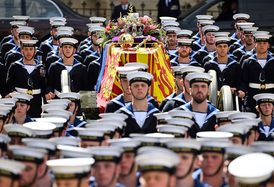 The Queen's coffin is escorted by Royal Navy sailors as it travels from Westminster Abbey to Wellington Arch after the funeral.