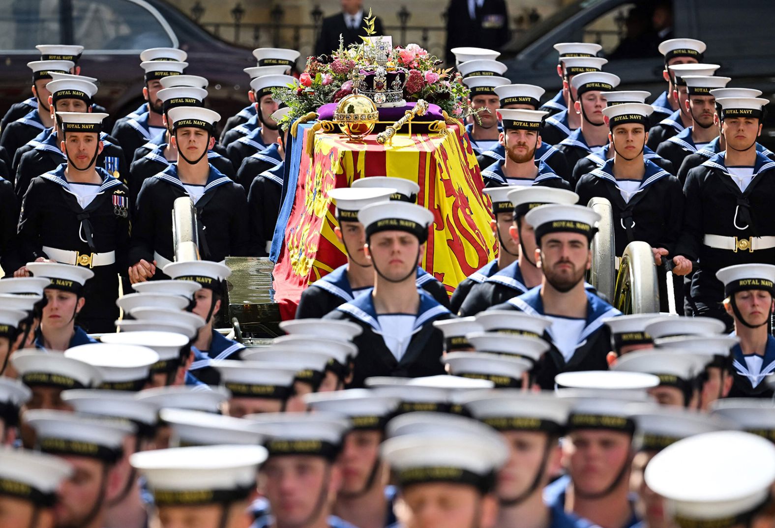 The Queen's coffin is escorted by Royal Navy sailors as it travels from Westminster Abbey to Wellington Arch after the funeral.