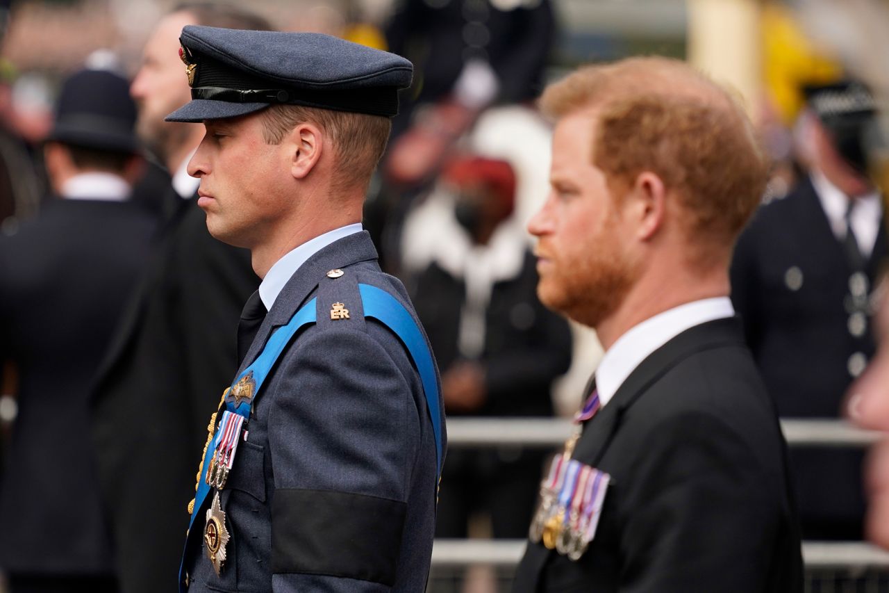 Prince William, left, and Prince Harry follow the Queen's coffin during the procession following her funeral.