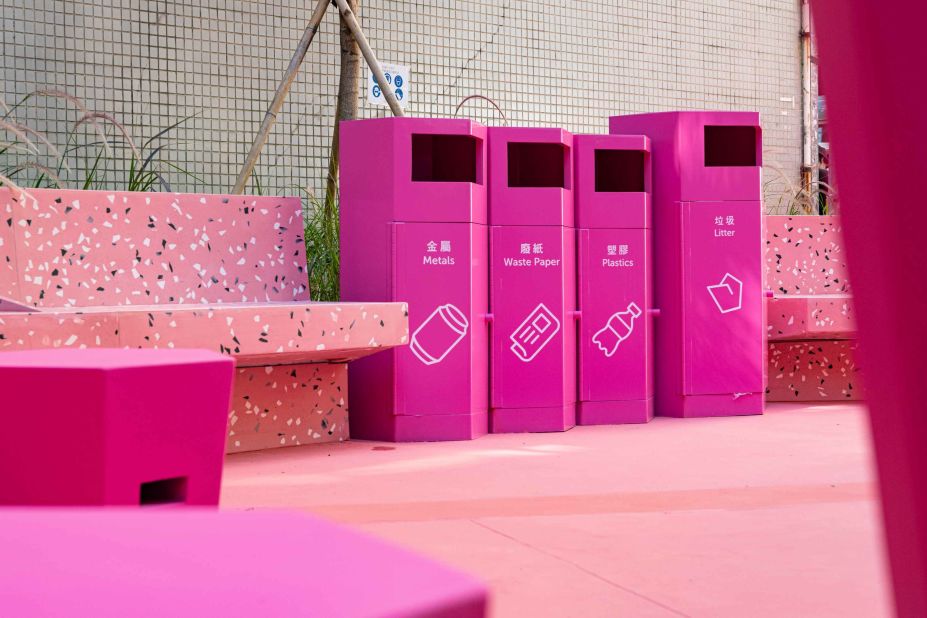 The designers also created customized recycling bins, as well as a water bottle refill station, to promote sustainability.