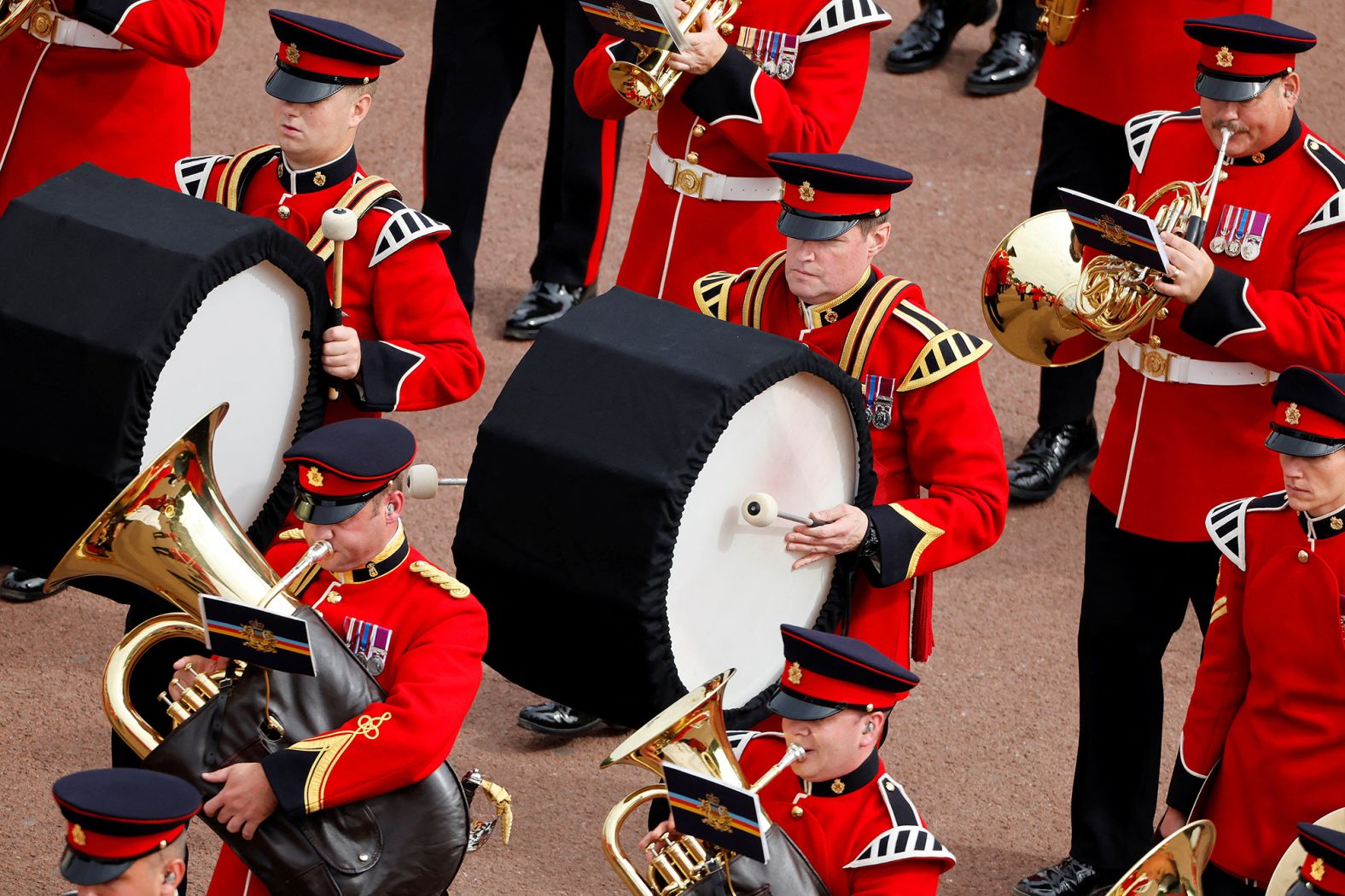 The Band of the Coldstream Guards plays in London on Monday.