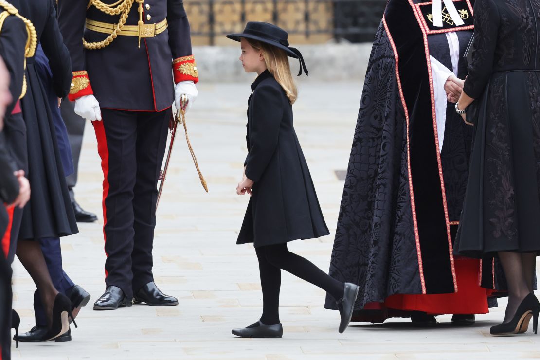 Princess Charlotte of Wales arrives at Westminster Abbey ahead of the State Funeral of Queen Elizabeth II on September 19, 2022 in London, England.