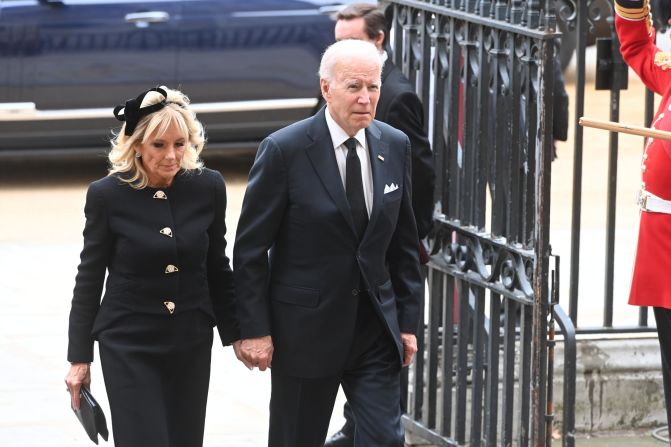 President Joe Biden and Jill Biden arrive together. The First Lady opted for a discreet head-band style fascinator. 