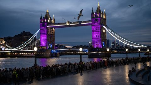 Mourners stood in line several miles long from the Palace of Westminster to Tower Bridge and beyond. 
