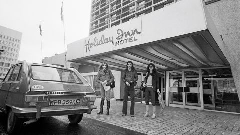 The Canadian band Rush pose is pictured here outside a Holiday Inn hotel in Birmingham, England on 12th February 1978. 
