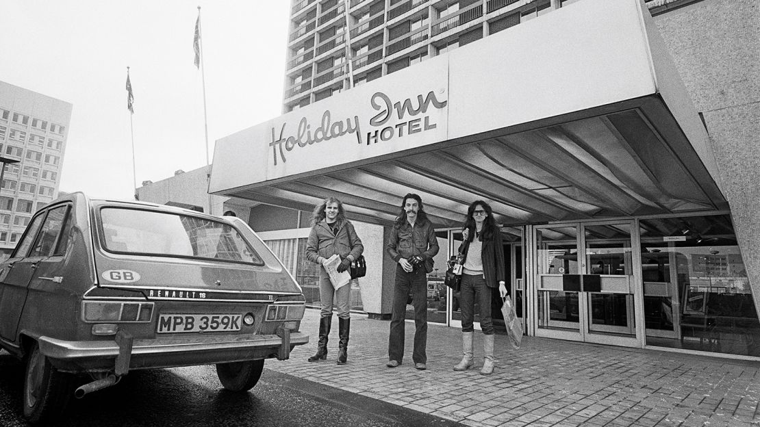 The Canadian band Rush pose is pictured here outside a Holiday Inn hotel in Birmingham, England on 12th February 1978.