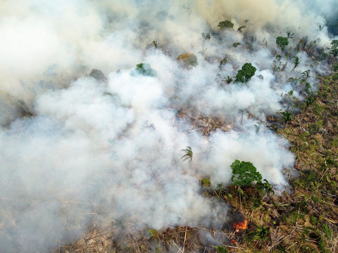 Aerial view of a burning area in Lábrea, southern Amazonas State, Brazil, on September 17, 2022. 