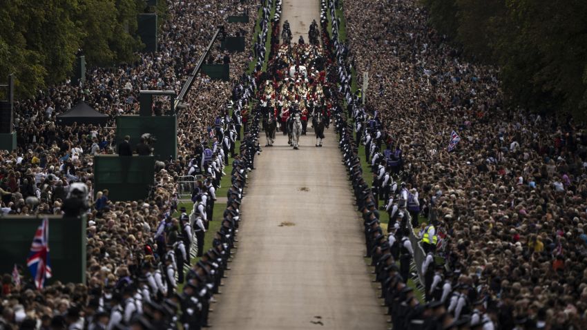 WINDSOR, ENGLAND - SEPTEMBER 19: The Ceremonial Procession of the coffin of Queen Elizabeth II arrives at Windsor Castle for the Committal Service at St George's Chapel on September 19, 2022 in Windsor, England. The committal service at St George's Chapel, Windsor Castle, took place following the state funeral at Westminster Abbey. A private burial in The King George VI Memorial Chapel followed. Queen Elizabeth II died at Balmoral Castle in Scotland on September 8, 2022, and is succeeded by her eldest son, King Charles III. (Photo by Felipe Dana - WPA Pool/Getty Images)