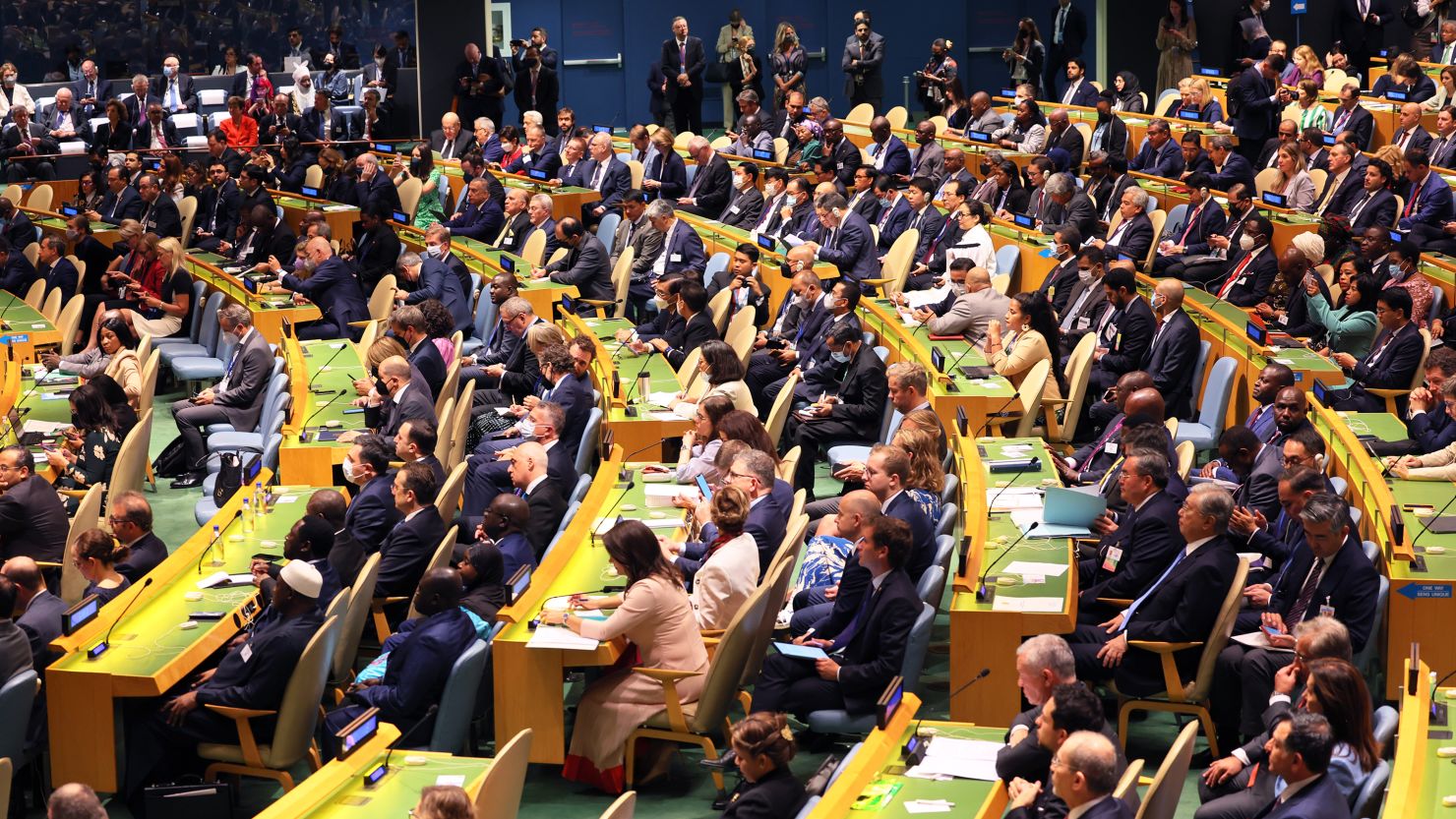 Members of the General Assembly listen as United Nations Secretary-General António Guterres speaks at the 77th session of the United Nations General Assembly on September 20, 2022.