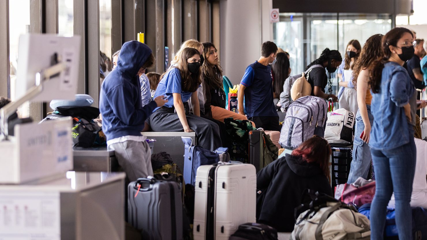 NEWARK, NJ - JULY 01: Travelers wait at Newark Liberty International Airport (EWR) on July 1, 2022 in Newark, New Jersey. Hundreds of flights were canceled across the US ahead of July Fourth weekend. (Photo by Jeenah Moon/Getty Images)