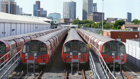 Jubilee line trains parked at the London Underground Stratford Market Depot in London, as London Underground workers joined members of the Rail, Maritime and Transport union in their nationwide strike in a bitter dispute over pay, jobs and conditions. Picture date: Tuesday June 21, 2022. (Photo by Stefan Rousseau/PA Images via Getty Images)