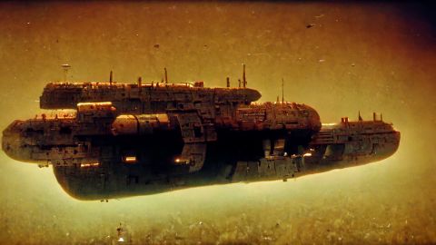 Many of Stelzer's "Salt" images use terms like "35mm" and "sci-fi." For this one, created with Midjourney, he typed "hi-res 35mm footage of long space ship freighter 1970s sci-fi, dark and beige atmosphere, dark electronics, salt crusts on the hull, sparse LEDs."