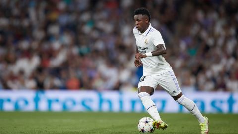 Vinicius Jr.  dribbles during Real Madrid's Champions League match against RB Leipzig on September 14, 2022, in Madrid.