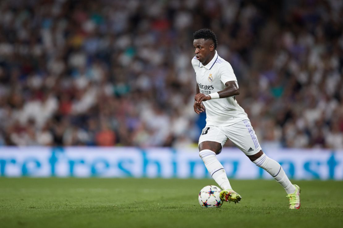 Vinícius Jr. dribbles during Real Madrid's Champions League match against RB Leipzig on September 14, 2022, in Madrid.
