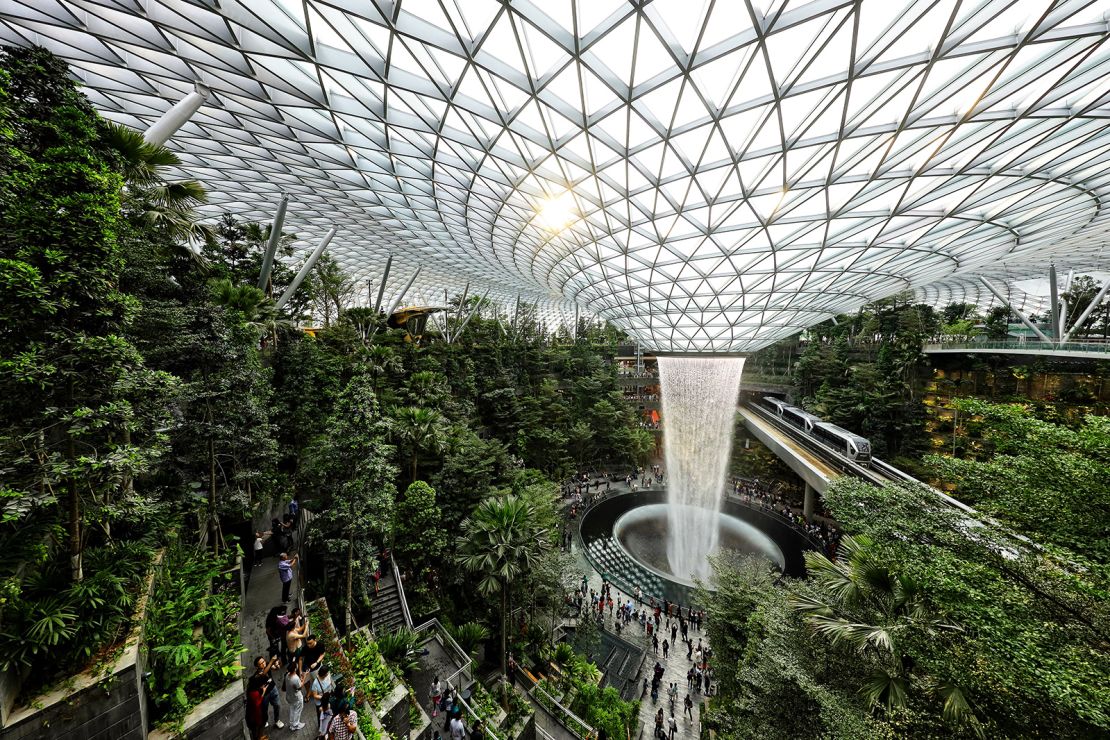 The eye-catching indoor waterfall at Safdie Architects' Jewel Changi Airport complex.
