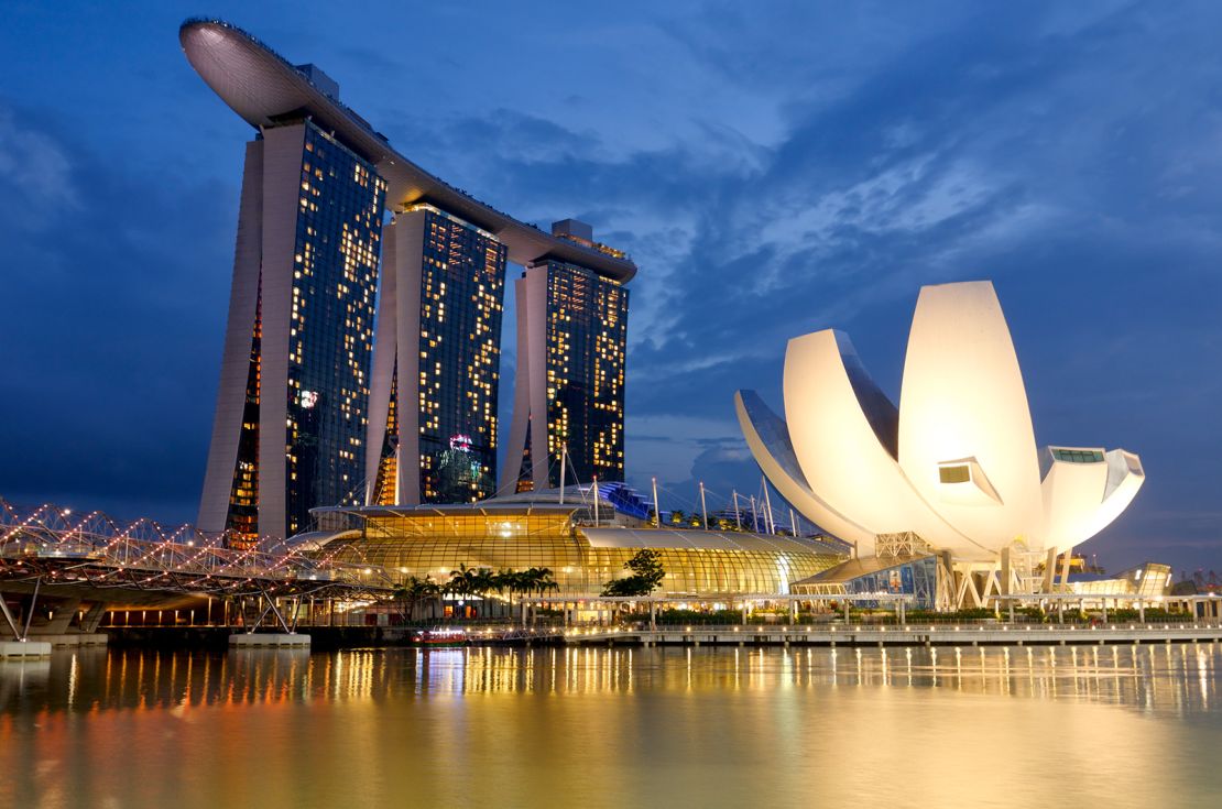 Singapore's Marina Bay Sands and the lotus-shaped ArtScience Museum, also designed by Safdie.