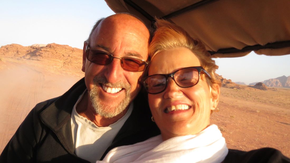 <strong>Four decades later:</strong> Annie recovered from cancer and she and Steven are still together today, 40 years later. Now retired, the couple love to travel together. Here they are in Wadi Rum in Jordan.