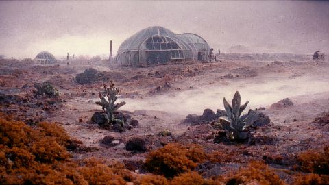 For this "Salt" image, Stelzer, used Midjourney with the prompt "film still of a research station on a mining planet, sci-fi atmosphere, beige and dark, 1980s sci-fi movie, tense atmosphere, rare alien plants and vegetation, arid, dusty, fog."
