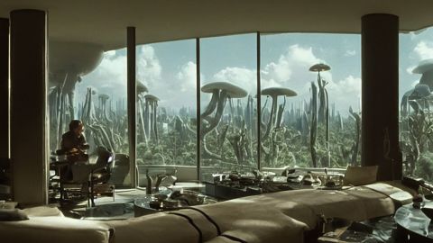 This image, which is part of the "Salt" short-film series by Fabian Stelzer, was created via Stable Diffusion with the prompt "a luxury apartment with large windows overlooking a lush arid mushroom jungle landscape, sci-fi film still, 1980s science fiction, screenshot from a movie".