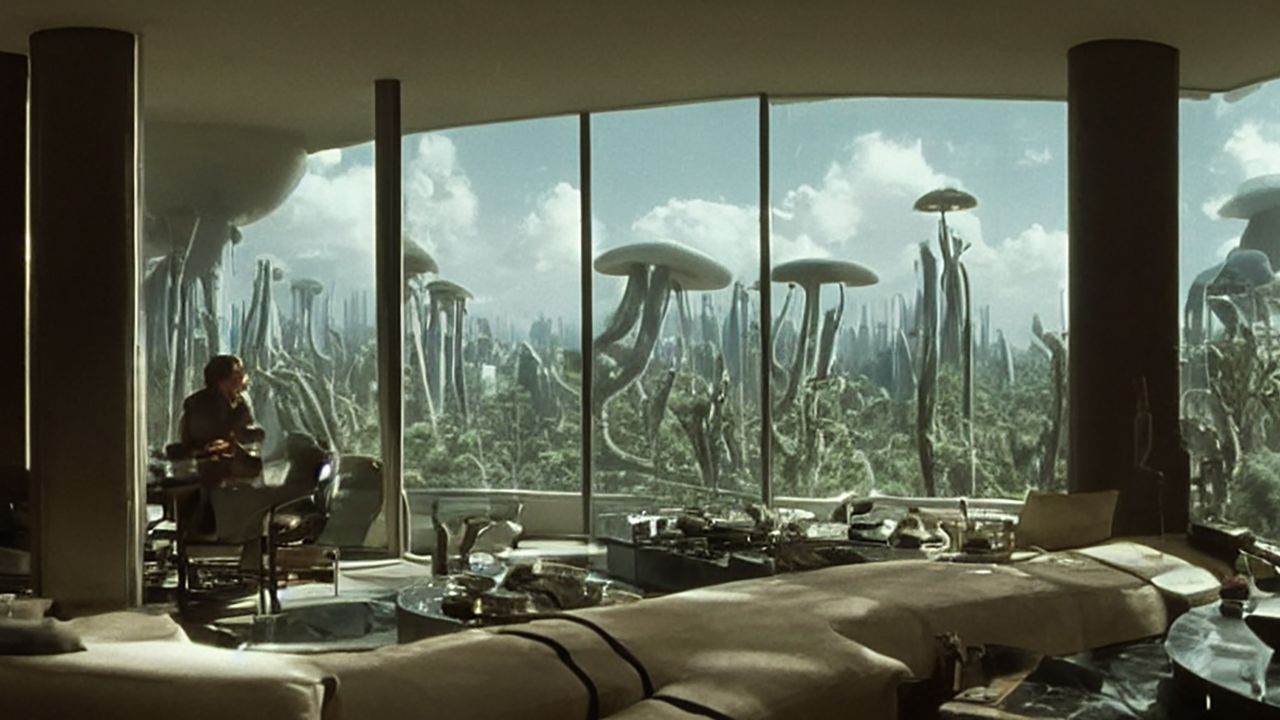 This image, which is part of the "Salt" short-film series by Fabian Stelzer, was created via Stable Diffusion with the prompt "a luxury apartment with large windows overlooking a lush arid mushroom jungle landscape, sci-fi film still, 1980s science fiction, screenshot from a movie".
