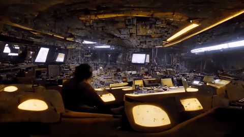 To envision this view of the interior of a freighter, Stelzer fed Midjourney the prompt "hi-res 35mm footage of the inside of a large space ship freighter control room, in the center there is a person sitting on a chair, dark and beige atmosphere, dark electronics, salt crusts on the wall, sparse LEDs."