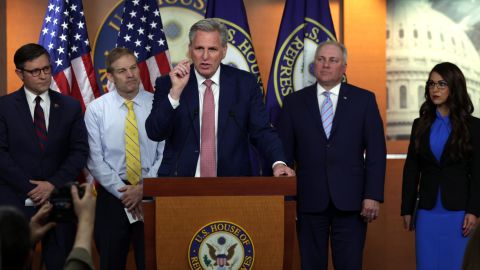 U.S. House Minority Leader Rep. Kevin McCarthy (R-CA) speaks as (L-R) Rep. Mike Johnson (R-LA), Rep. Jim Jordan (R-OH), House Minority Whip Rep. Steve Scalise (R-LA) and Rep. Lauren Boebert (R-CO) listen during a news conference at the U.S. Capitol May 11, 2022 in Washington, DC.