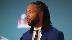 LOS ANGELES, CALIFORNIA - FEBRUARY 14: Larry Fitzgerald speaks with the media during the Super Bowl LVI head coach and MVP press conference at Los Angeles Convention Center on February 14, 2022 in Los Angeles, California. (Photo by Katelyn Mulcahy/Getty Images)