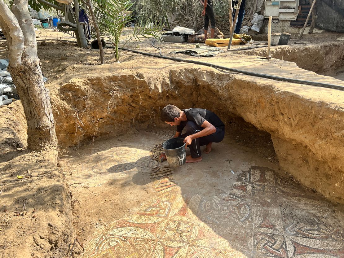 A farmer and his son (pictured) in Gaza discovered this mosaic.