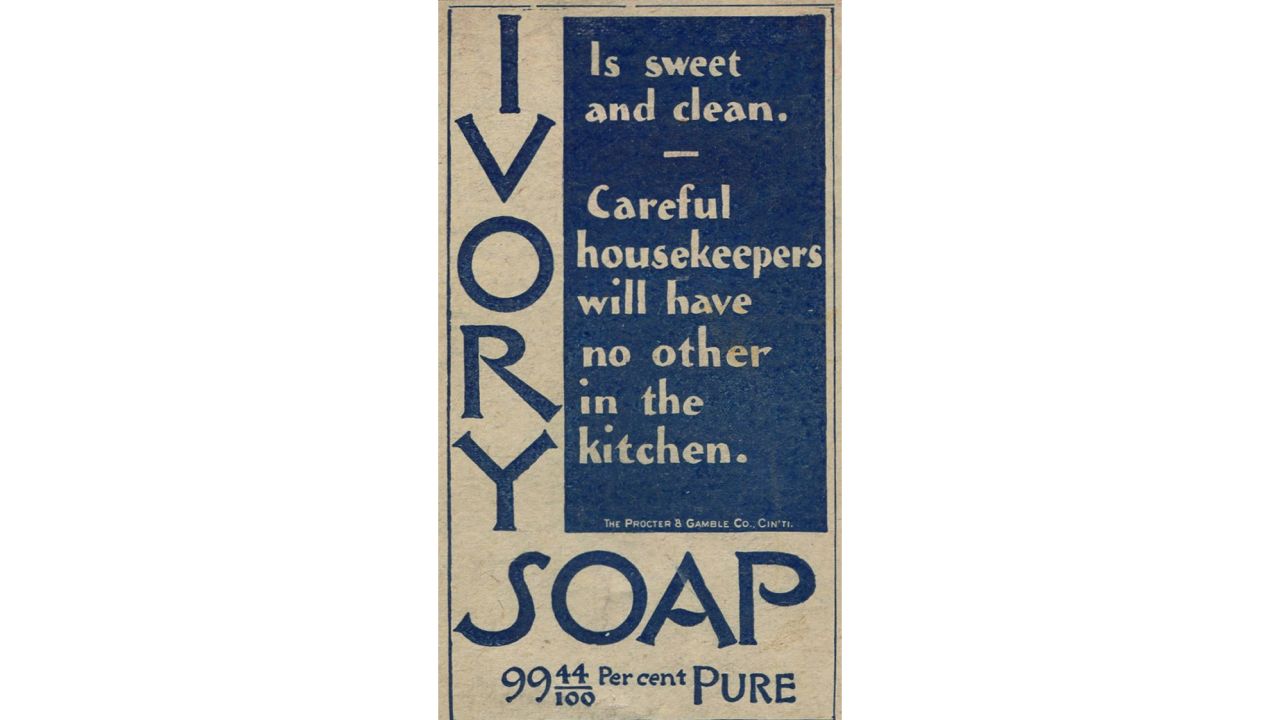 Advertisement for Ivory Soap by the Procter and Gamble Company in Cincinnati, Ohio, 1897. (Photo by Jay Paull/Getty Images)