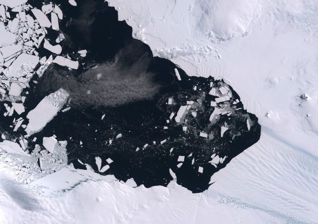 Neighboring Thwaites is Pine Island, another of the <a href="index.php?page=&url=https%3A%2F%2Fearthobservatory.nasa.gov%2Ffeatures%2Fpine-island" target="_blank" target="_blank">fastest-retreating glaciers</a> in Antarctica.  Satellite images like this one have been key to illustrating its retreat and major calving events (when a block of ice breaks off from the end of the glacier). In recent years, the <a href="index.php?page=&url=https%3A%2F%2Fearthobservatory.nasa.gov%2Ffeatures%2Fpine-island" target="_blank" target="_blank">calving rate has increased</a> causing the glacier to shrink more rapidly.