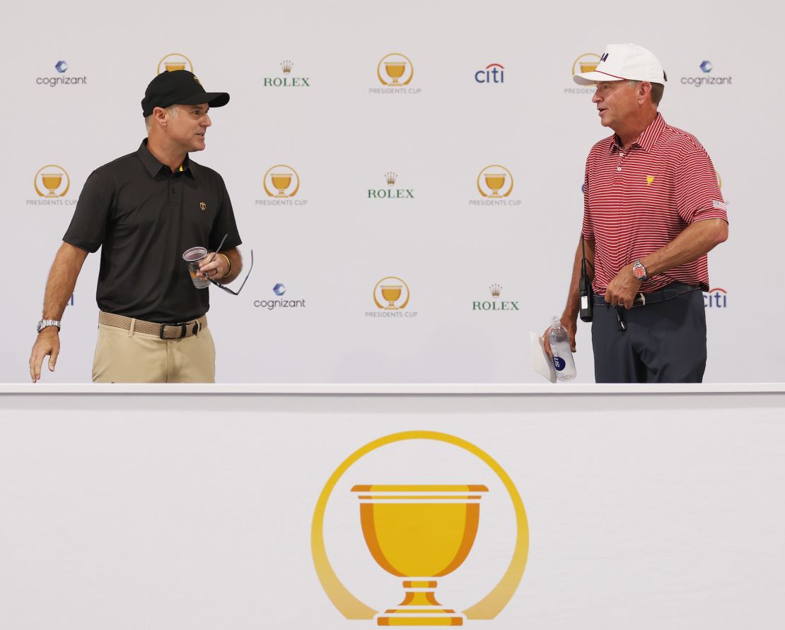 Immelman and opposing captain Davis Love III speak during a press conference prior to the tournament.