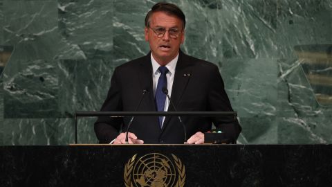 Brazil's President Jair Bolsonaro addresses the 77th Session of the United Nations General Assembly at UN Headquarters in New York City on Sept 20, 2022.