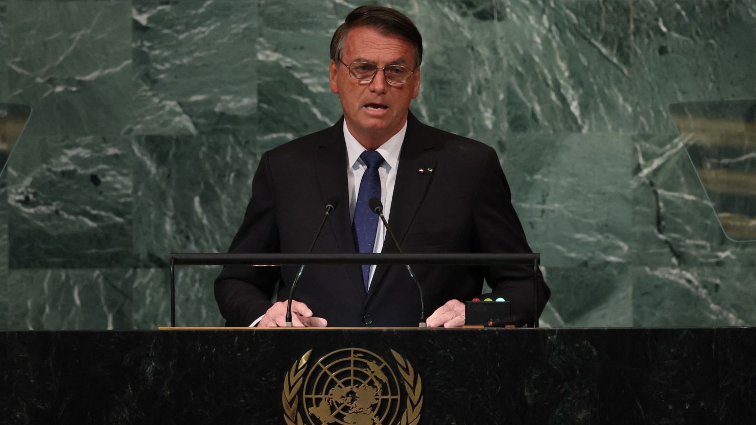 Brazil's President Jair Bolsonaro addresses the 77th Session of the United Nations General Assembly at UN Headquarters in New York City on Sept 20, 2022.