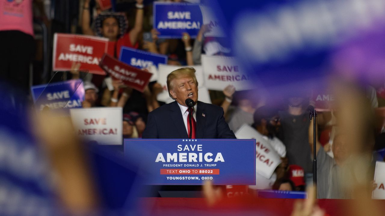 Former President Donald Trump speaks at a Save America Rally to support Republican candidates running for state and federal offices in the state at the Covelli Centre on September 17, 2022, in Youngstown, Ohio.