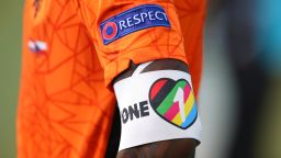 BUDAPEST, HUNGARY - JUNE 27: A detailed view of the 'ONE-LOVE' captains armband worn by Georginio Wijnaldum of Netherlands is seen during the UEFA Euro 2020 Championship Round of 16 match between Netherlands and Czech Republic at Puskas Arena on June 27, 2021 in Budapest, Hungary. (Photo by Alex Livesey - UEFA/UEFA via Getty Images)