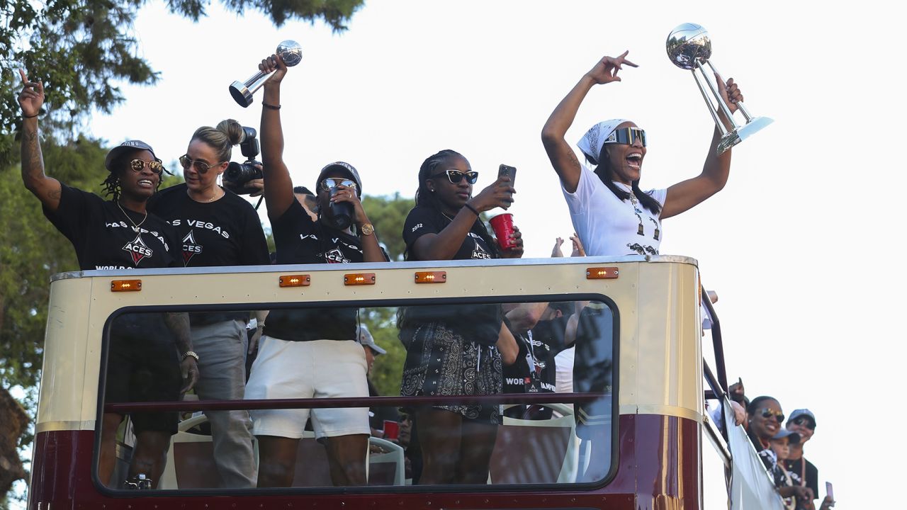 The Aces celebrated with a open-topped bus parade in front of thousands of fans on the Las Vegas Strip.