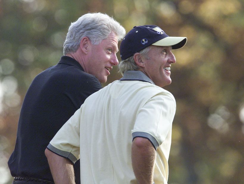 It was back to Virginia for the 2000 Presidents Cup, as US Captain Ken Venturi oversaw a commanding 21.5 - 10.5 victory over Thomson's side. Two-time Open champion Greg Norman (R) featured again for the International Team, with 42nd US President Bill Clinton (L) the event's honorary chairman.
