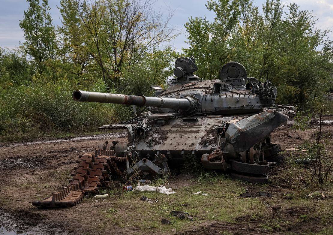 A destroyed Russian tank is seen in the town of Izium, recently liberated by Ukrainian Armed Forces, in Kharkiv region, Ukraine September 20, 2022.