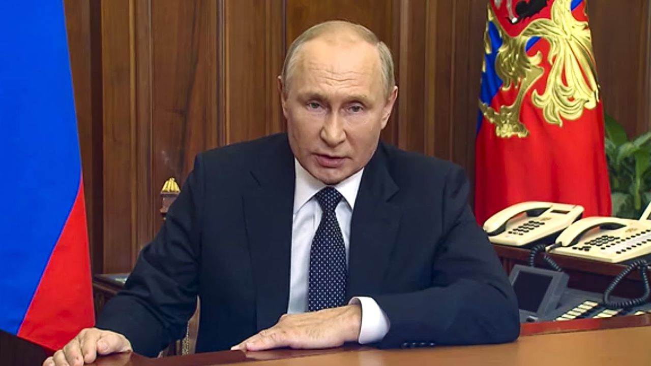 In this image made from video released by the Russian Presidential Press Service, Russian President Vladimir Putin addresses the nation in Moscow, Russia, Wednesday, Sept. 21, 2022. (Russian Presidential Press Service via AP)